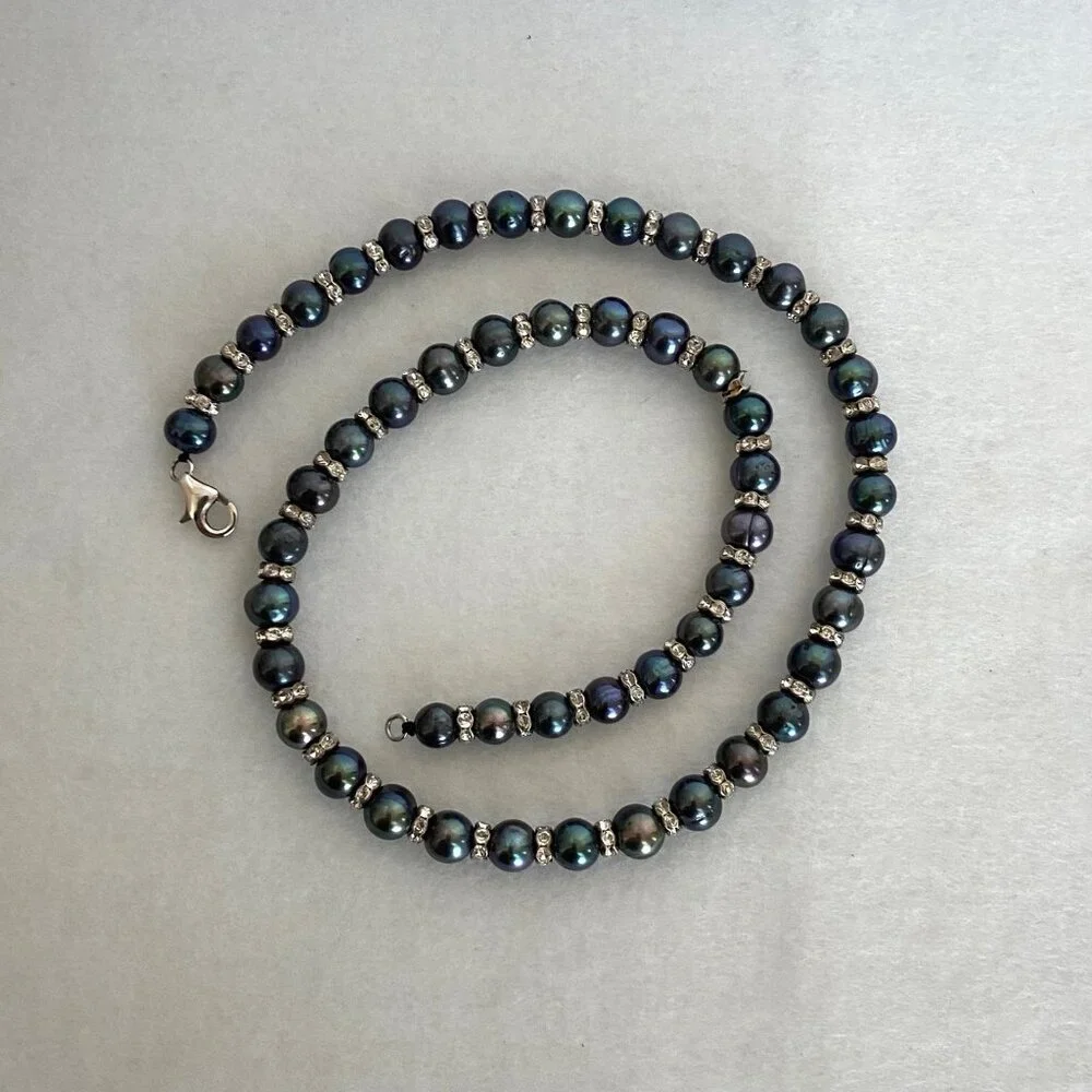 Sterling Silver 925 Round Freshwater Cultured Peacock Pearl Necklace 18